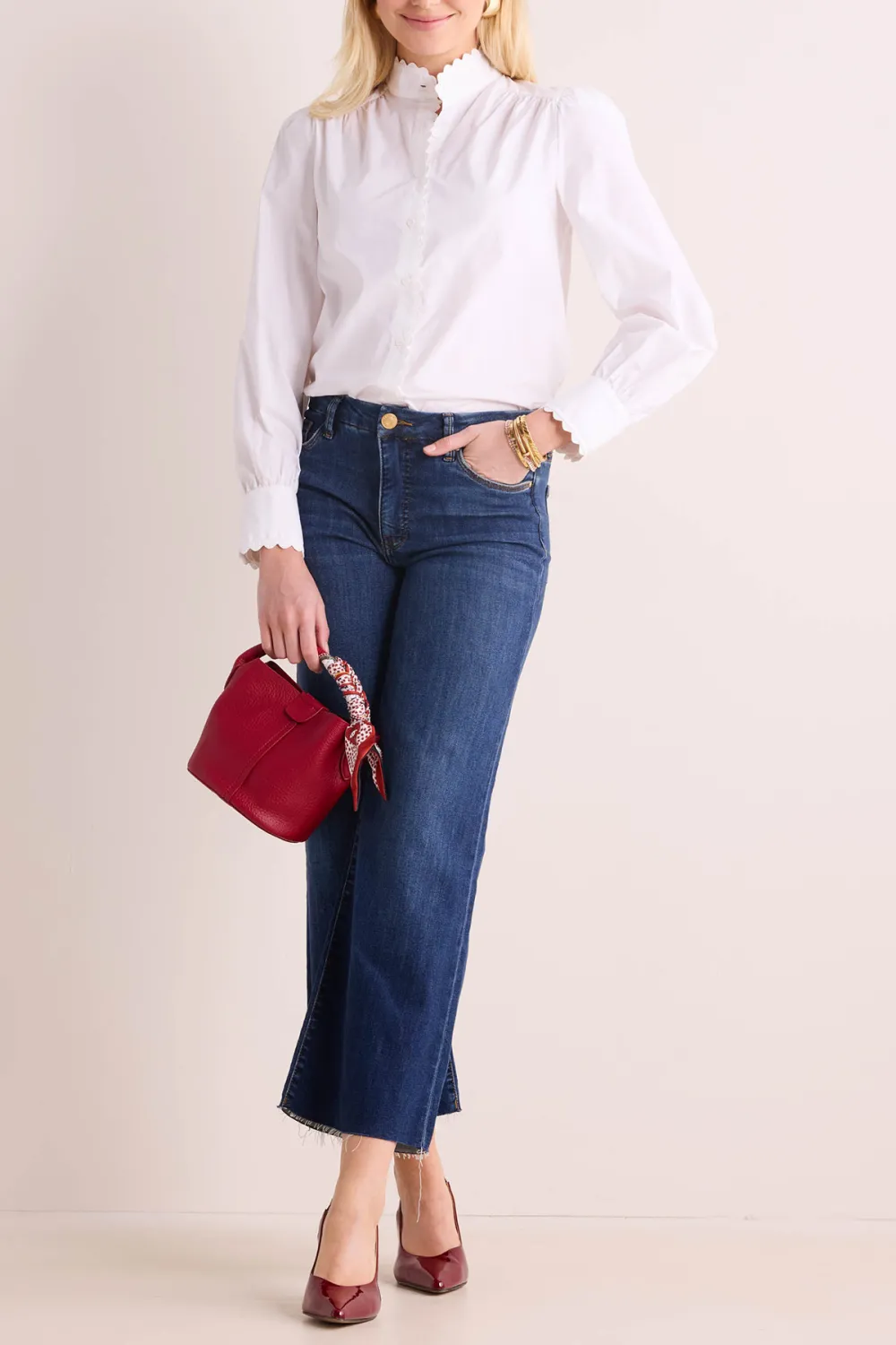 White Scallop Collar Long Sleeve Button-Front Blouse