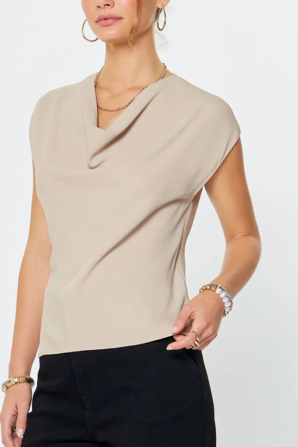 Cap Sleeve Draped Cowl Blouse