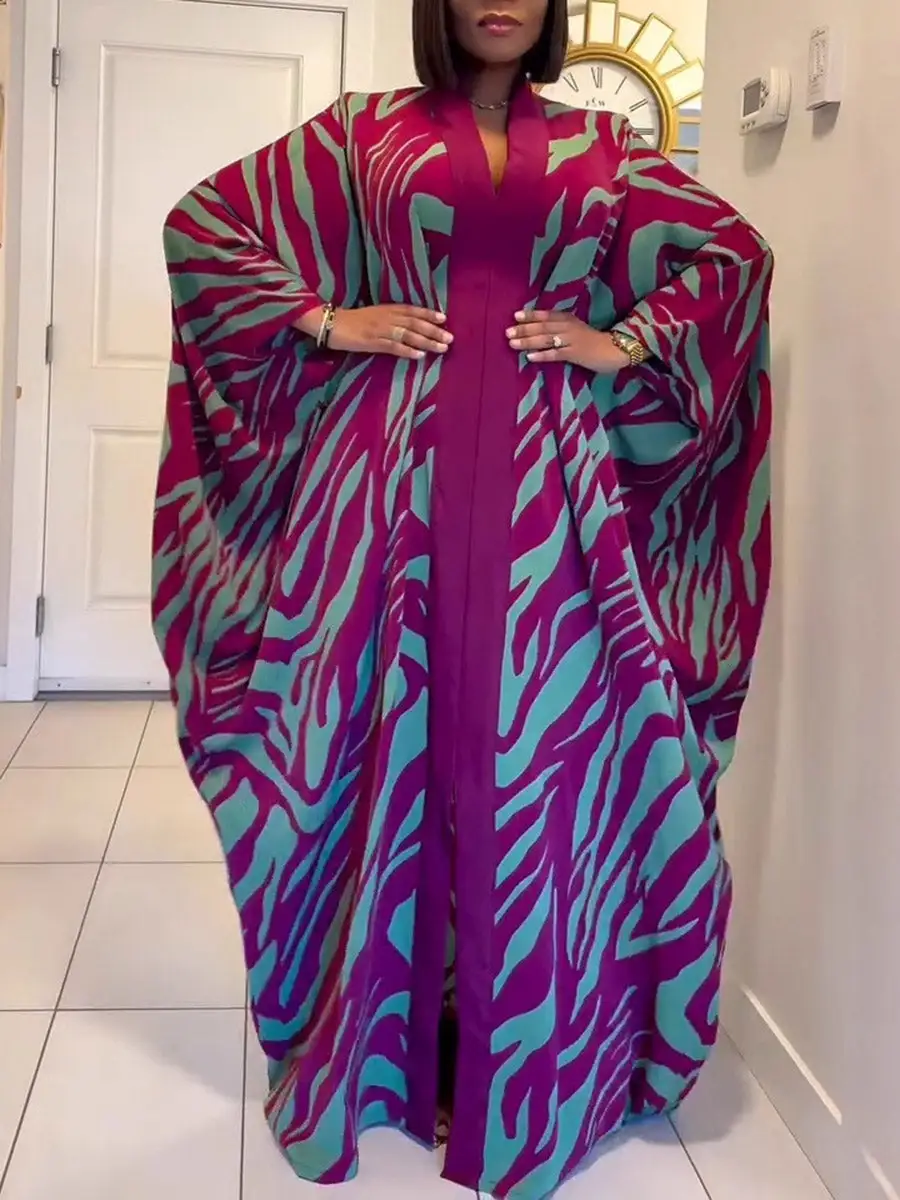 Batwing Printed Long Neck Maxi Dress