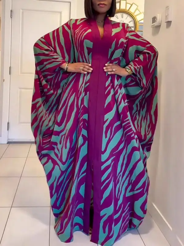 Batwing Printed Long Neck Maxi Dress
