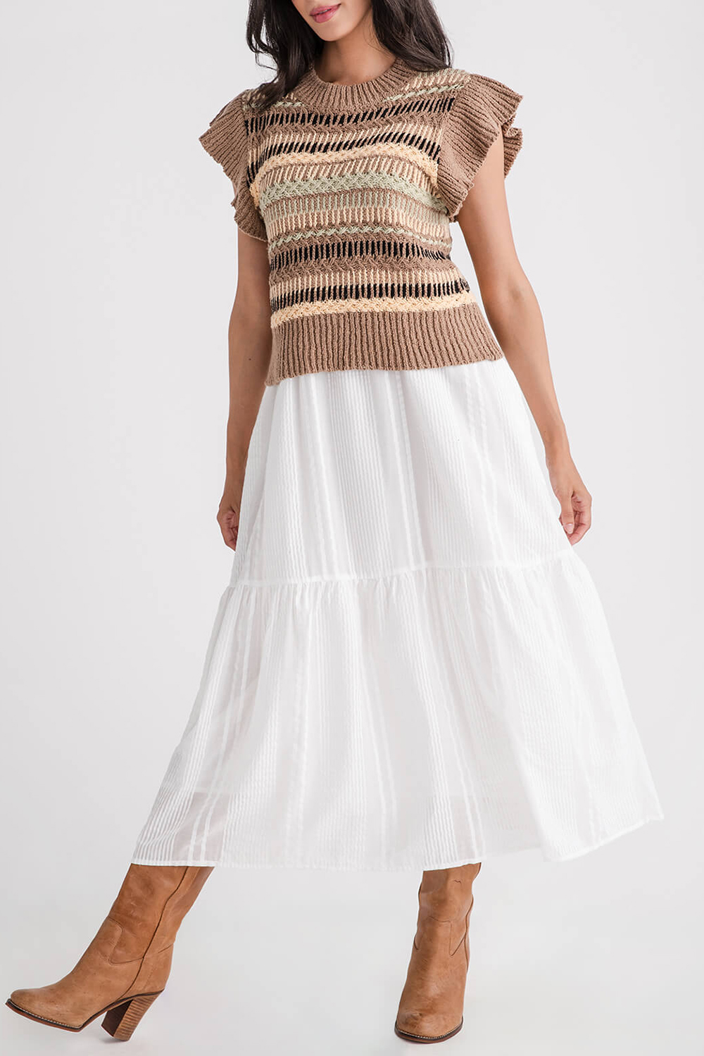 Elan 2fer Woven Knit Midi Dress - brown white combo