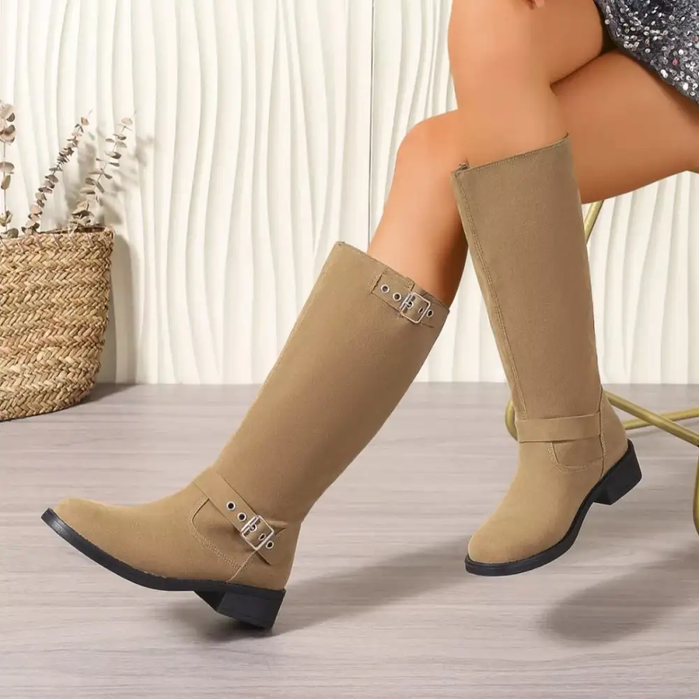 Textured Round Toe Block Heel Boots