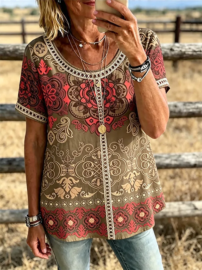 Mandala Print Trim Short Sleeve Western Casual Blouse
