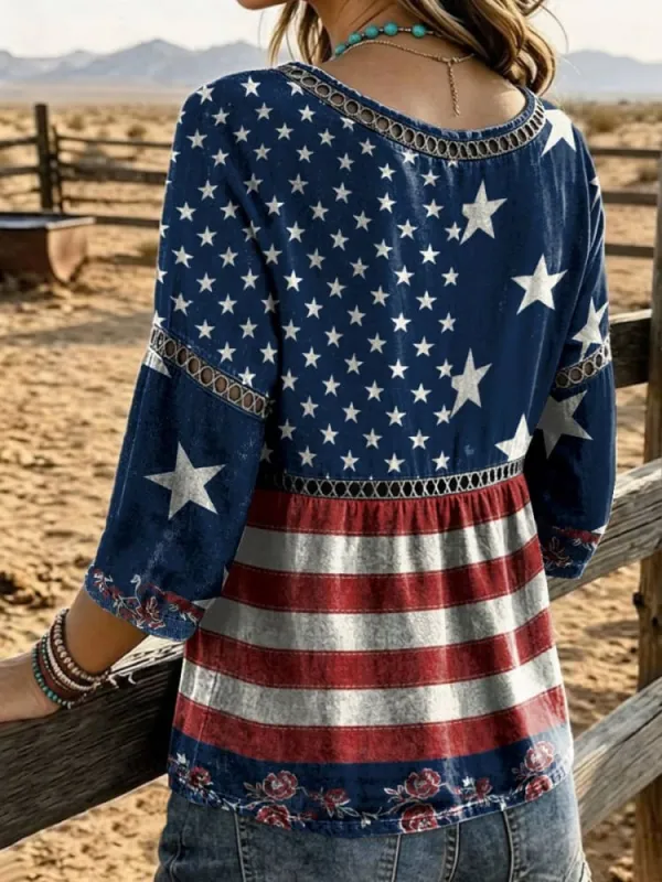 Women's Flag Print Casual Hollow Denim Shirt