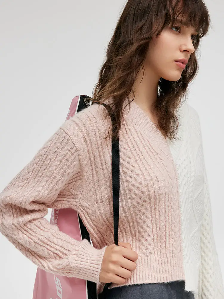 Mohair V-Neck Asymmetric Hem Women Pullover Sweater