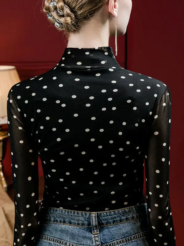 Long Sleeve Curve Fit Polka Dot Mock Neck T-Shirt