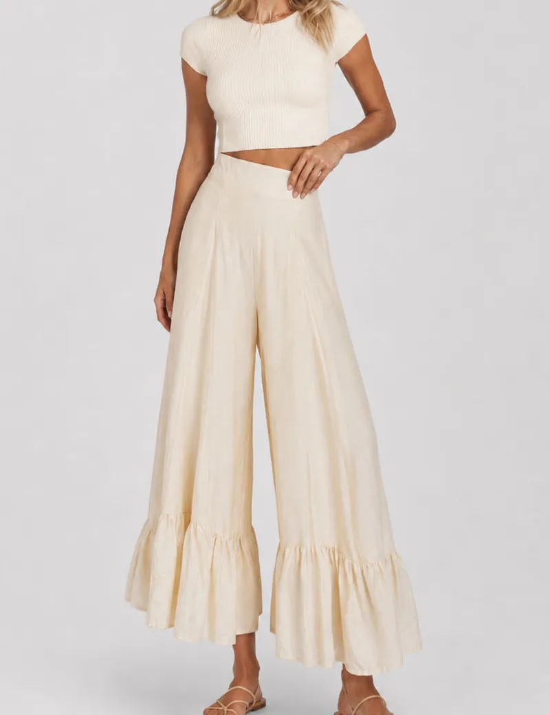 Elastic Waist Ruffle Wide Leg Pants
