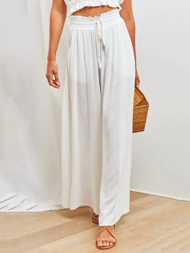 Plain Casual Wide Leg Shirred Waist Pant