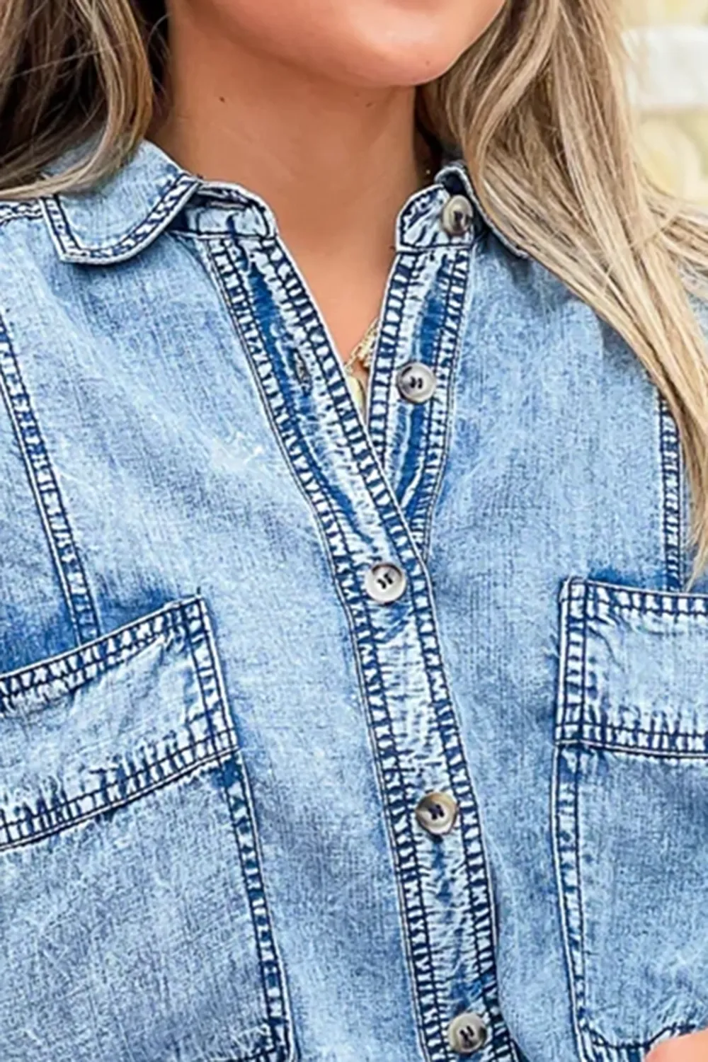 Distressed Denim Long Sleeve Top