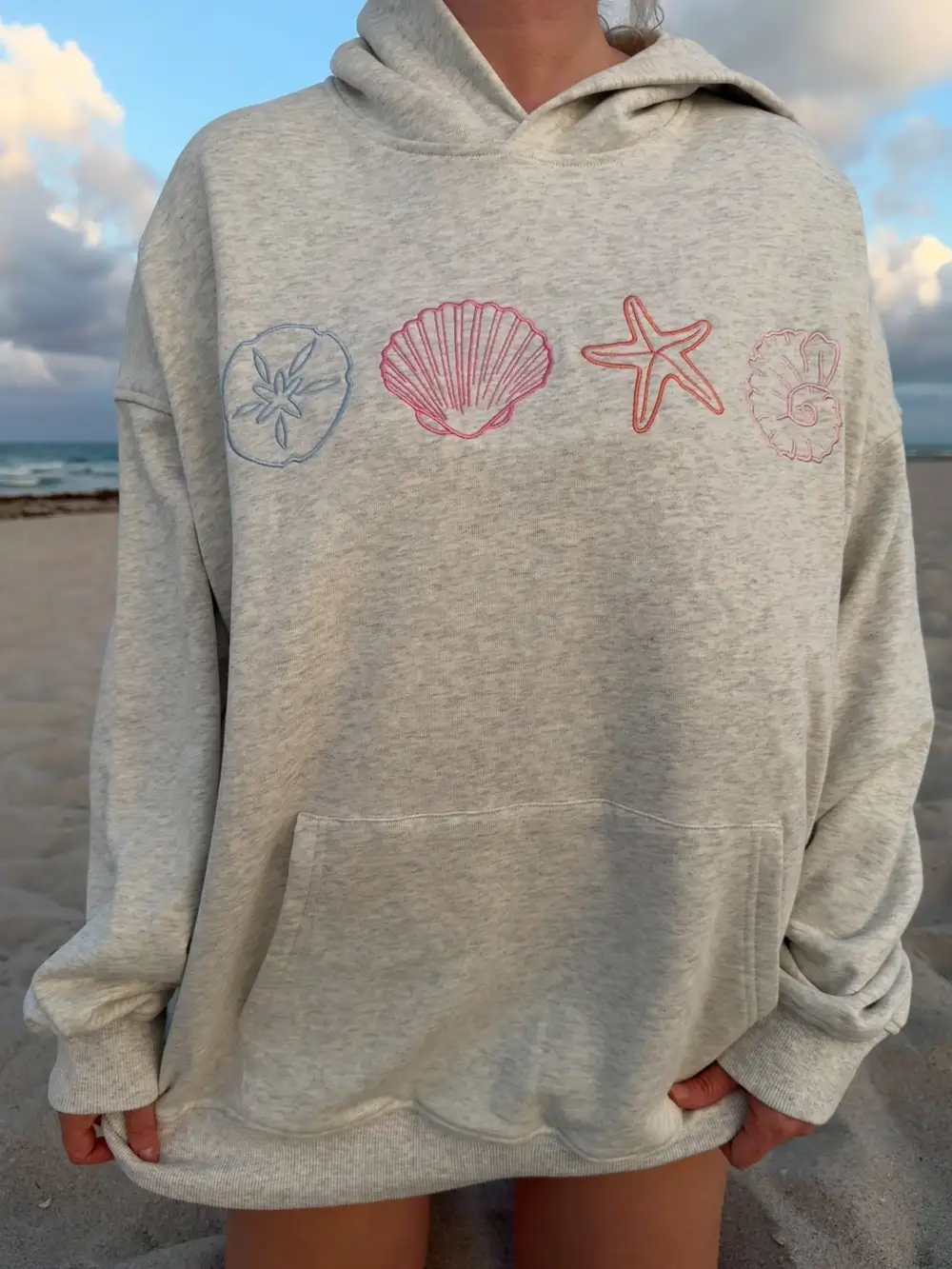 Oat Milk Seashell Embroidered Hoodie Cotton