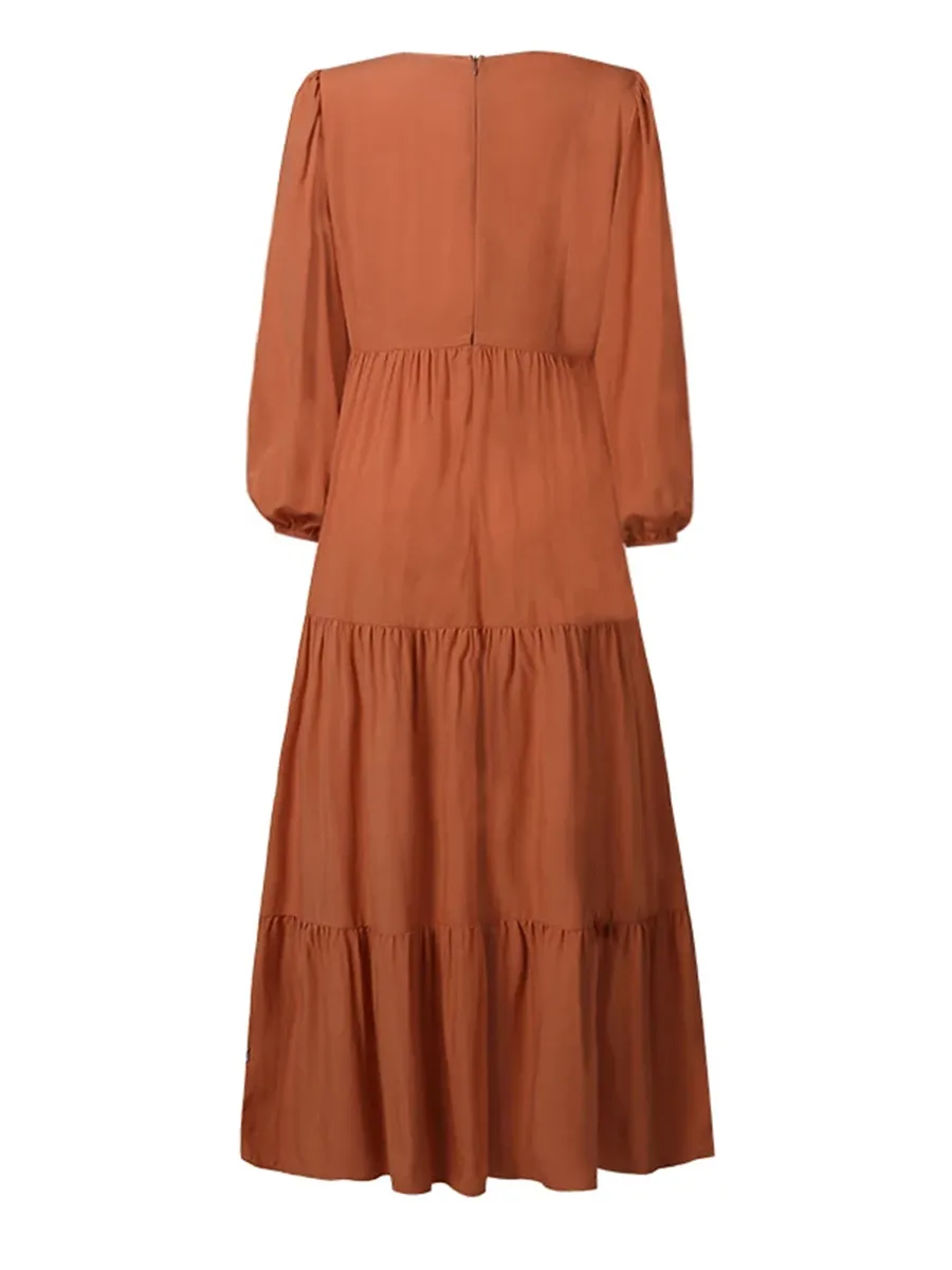 Women's Casual Swing V-neck Bubble Sleeve Long Pleated Dress