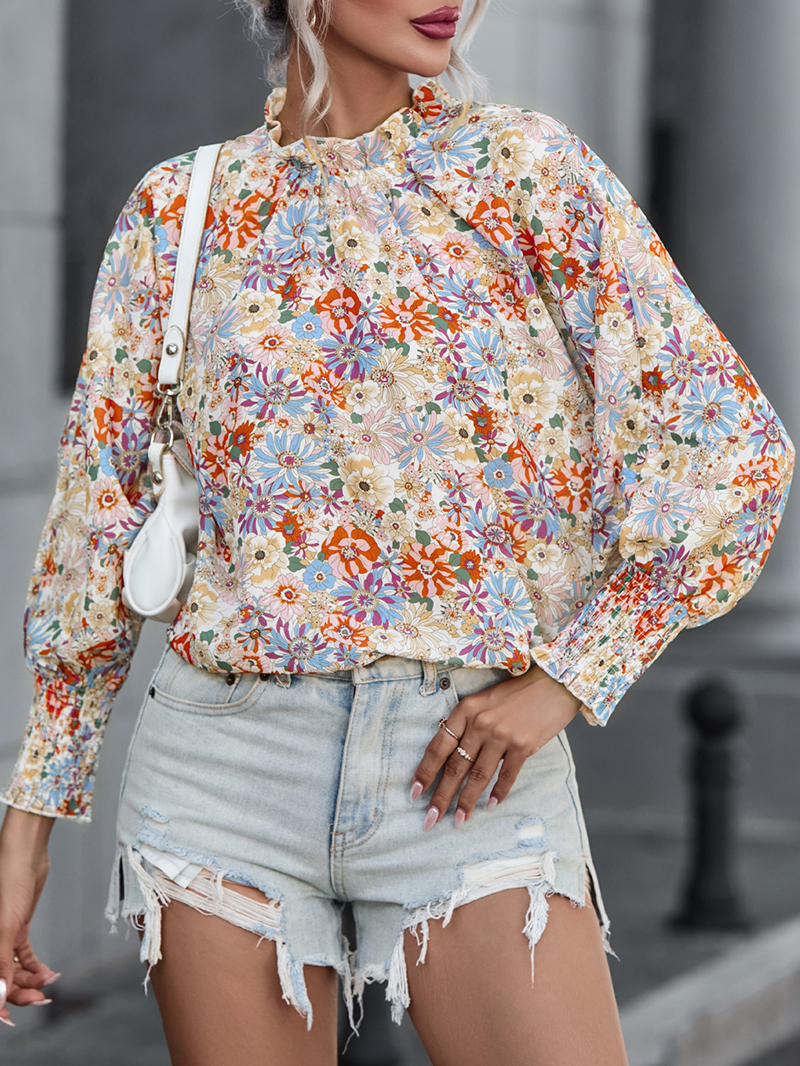 Multicolor Shirred Cuffs Bubble Sleeve Floral Blouse