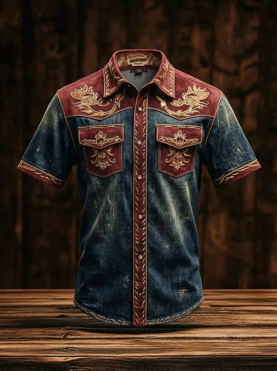 Men's Western Cowboy Floral Embroidery Printed Shirt-8