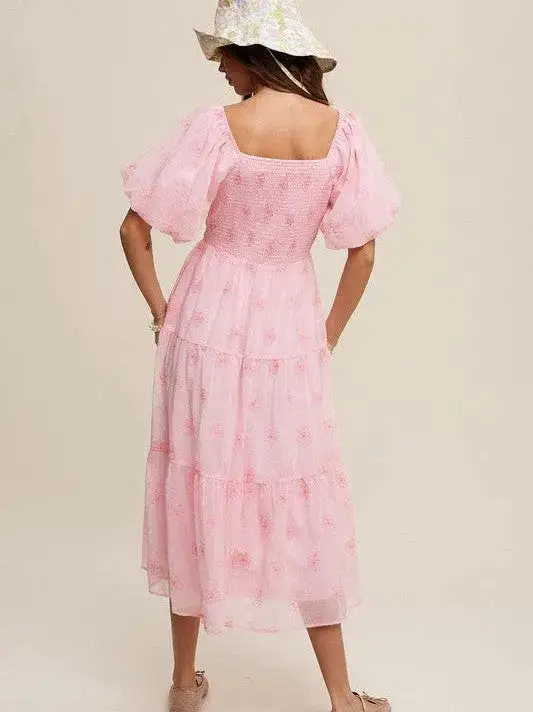 Listen to your Heart Flower Embroidered Puff Sleeve Tiered Maxi Dress