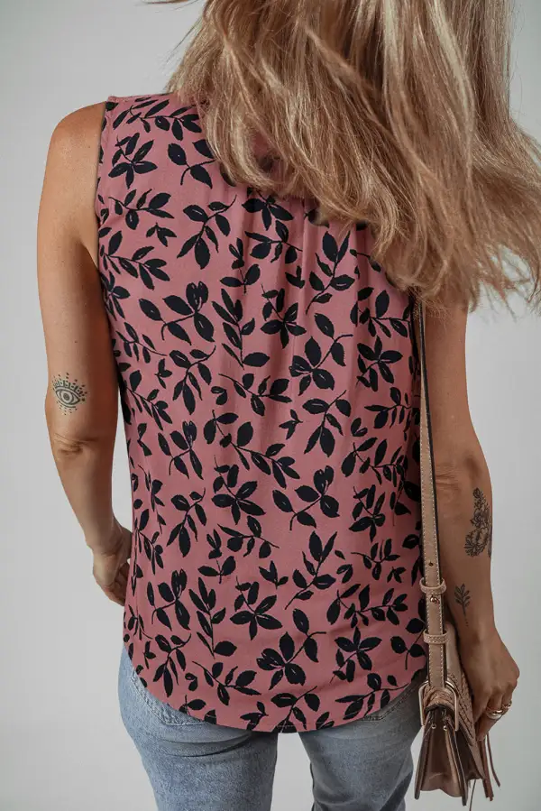 Leaf Print Lace Up V Neck Crinckled Tank Top