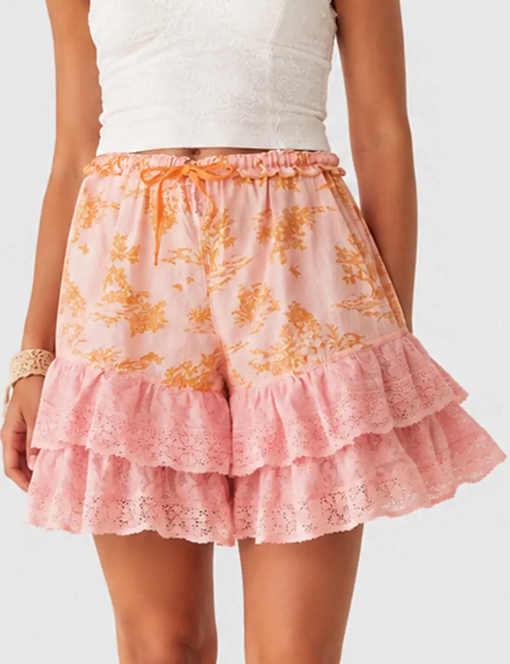 Lace Lettuce Trim Wide Leg Shorts