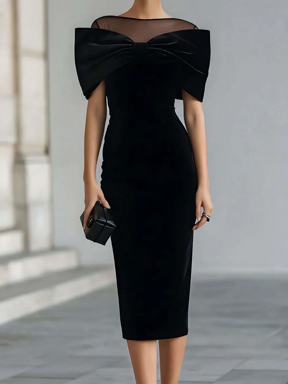 Elegant Bow Detail Sheer Neckline Midi Dress