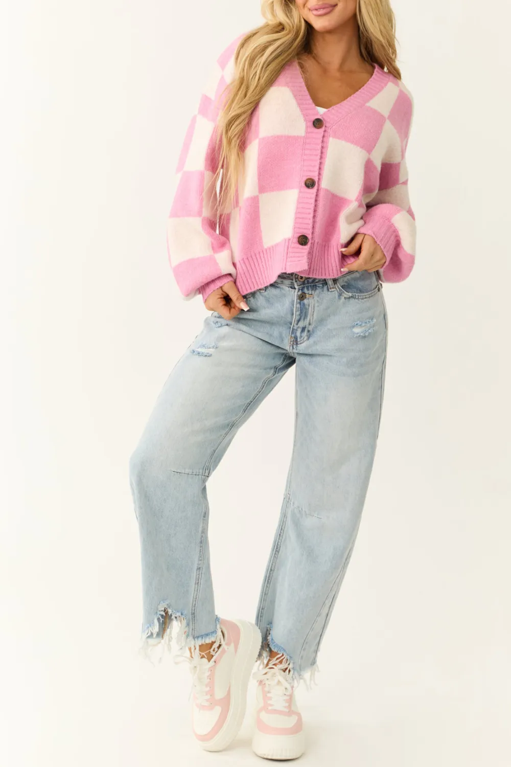 Bubblegum and Cream Checkered Print Cardigan