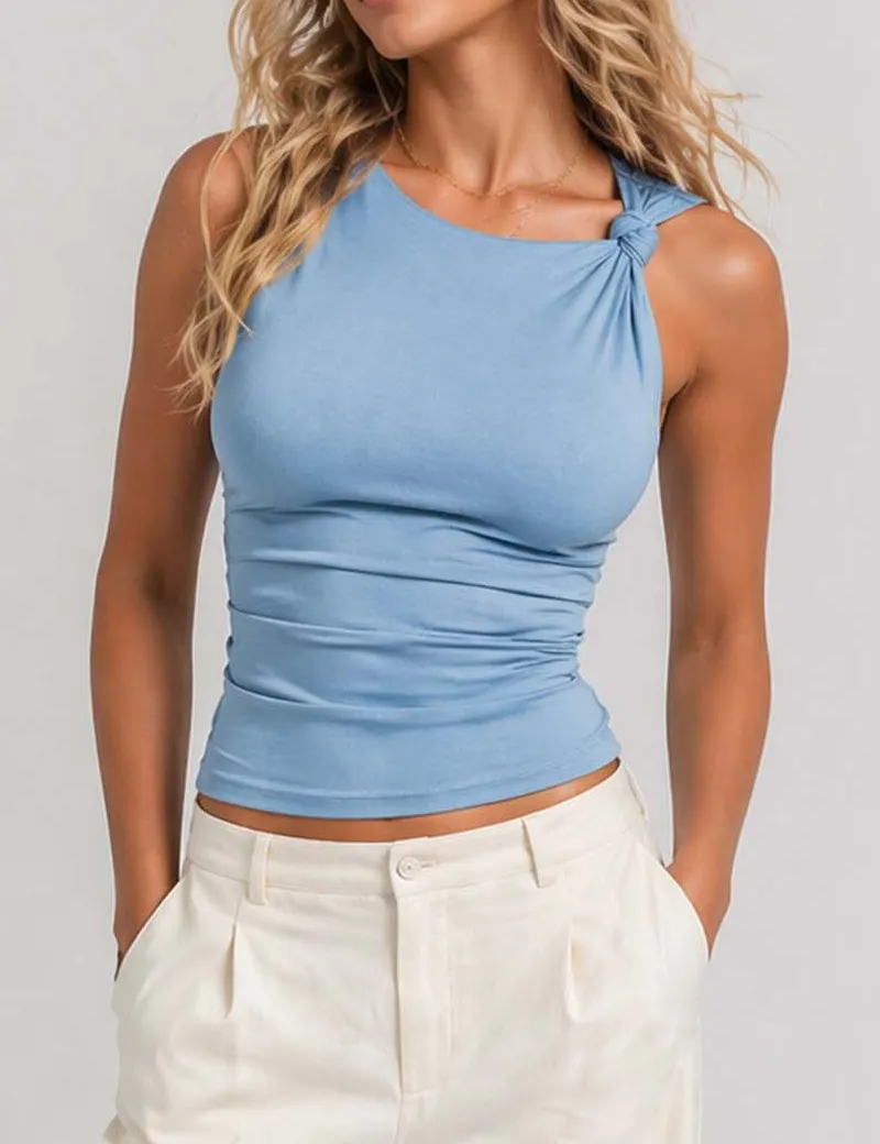Twist Knot Shoulder Ruched Sleeveless Tank Top