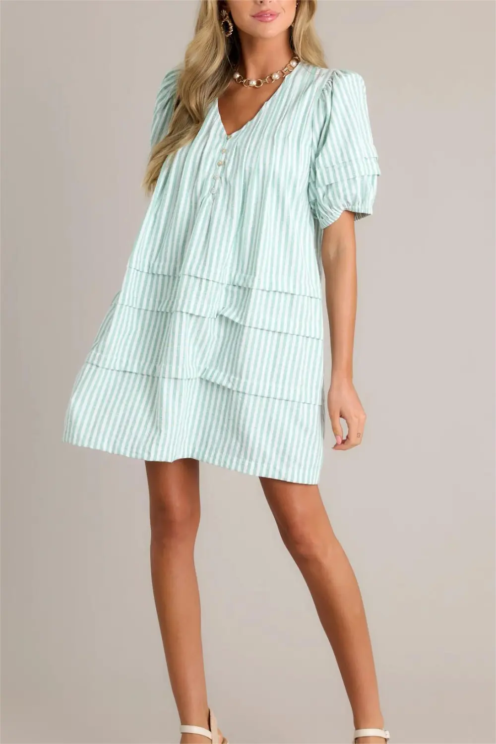 ADORE YOU MINT GREEN STRIPE PUFF SLEEVE MINI DRESS