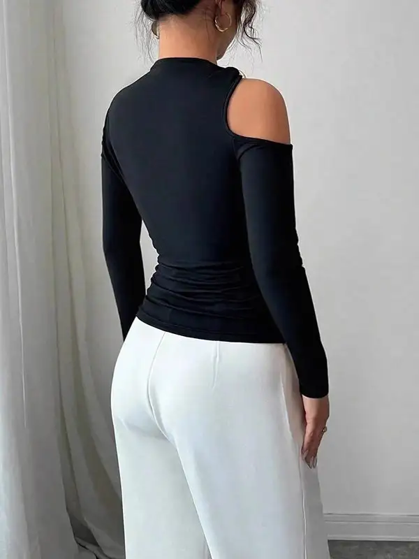 Long Sleeve Slim Fit Asymmetric Neckline T-Shirt