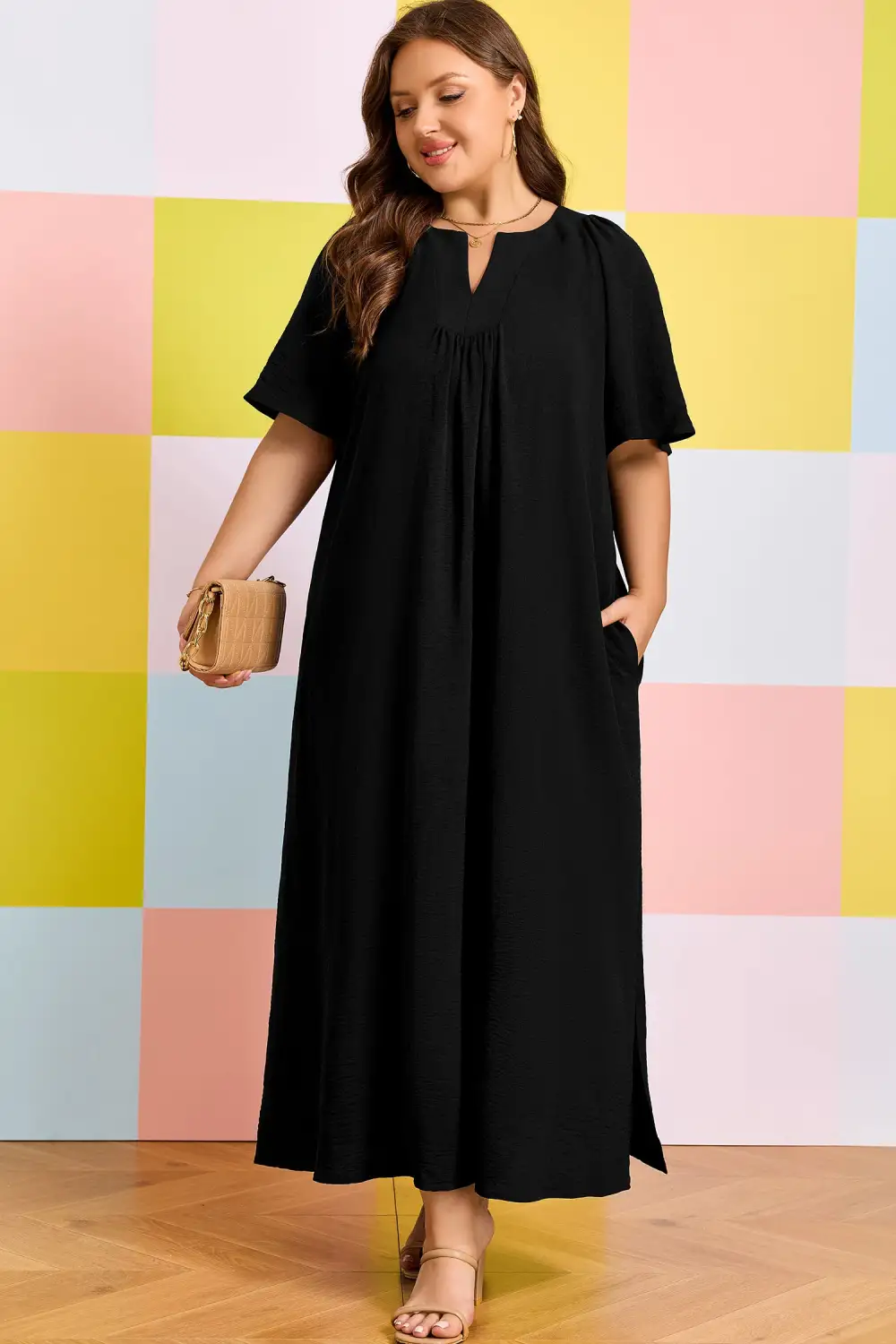 Split Neck Short Sleeve Dress Casual