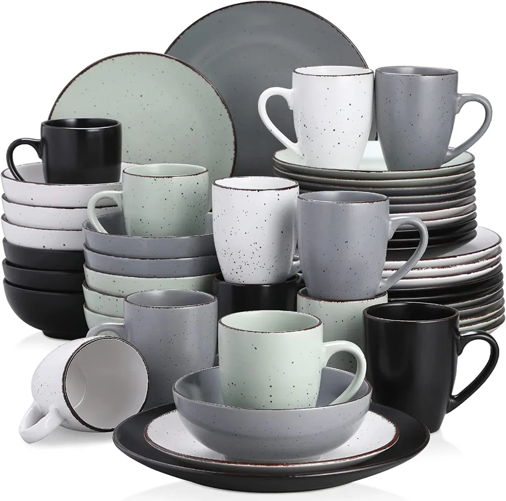 vancasso Navia Ceramic Dinnerware Set, 48 pieces Set of 12 Stoneware Spray Spot Patterned Service Dish with Dinner Plates, Salad Plates, Bowls, Mugs - Grey