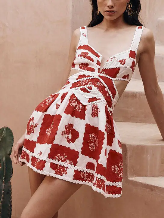 Floral Decorative Unique Print Neck Mini Dress