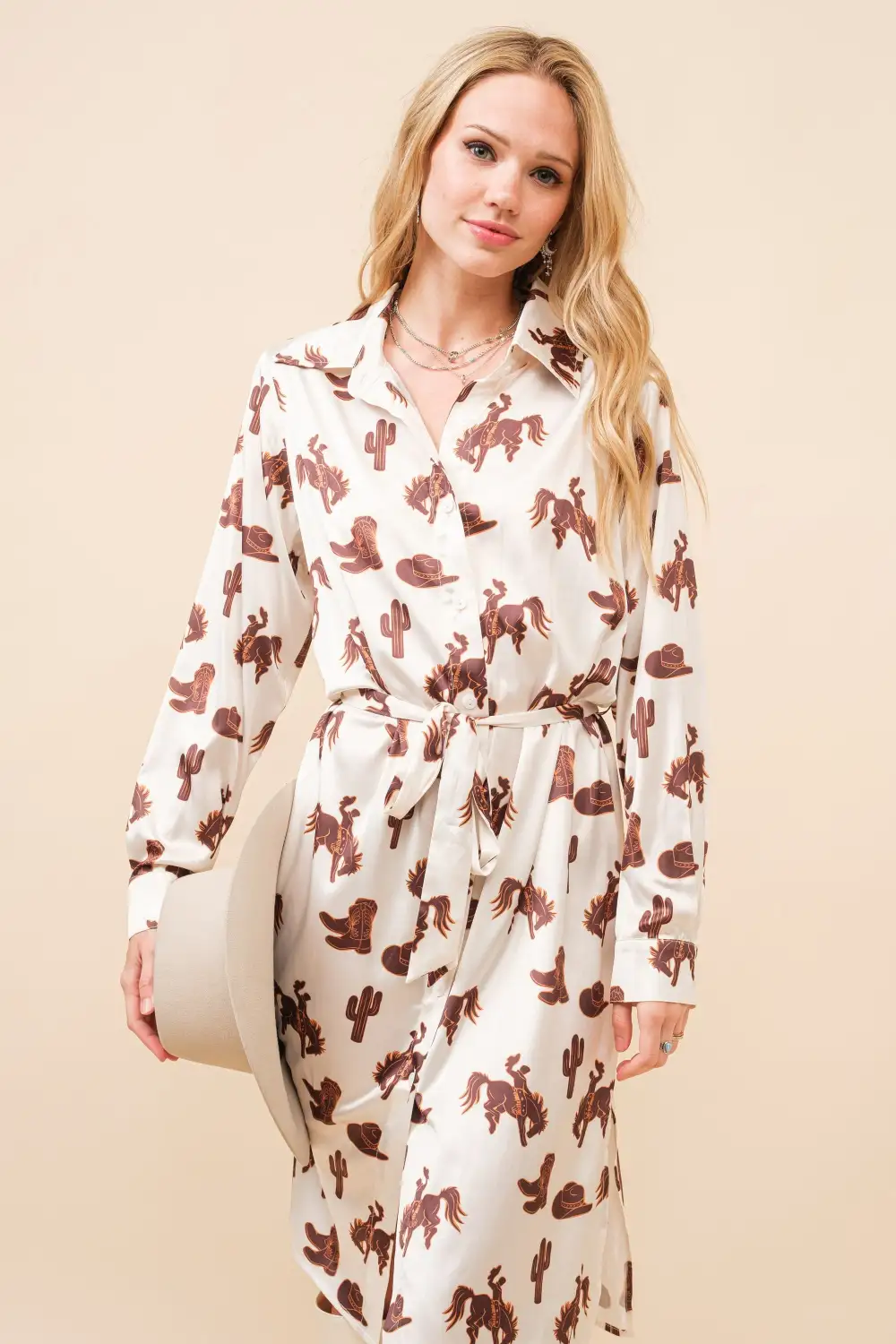 Satin Western Print Button Up Shirt Dress