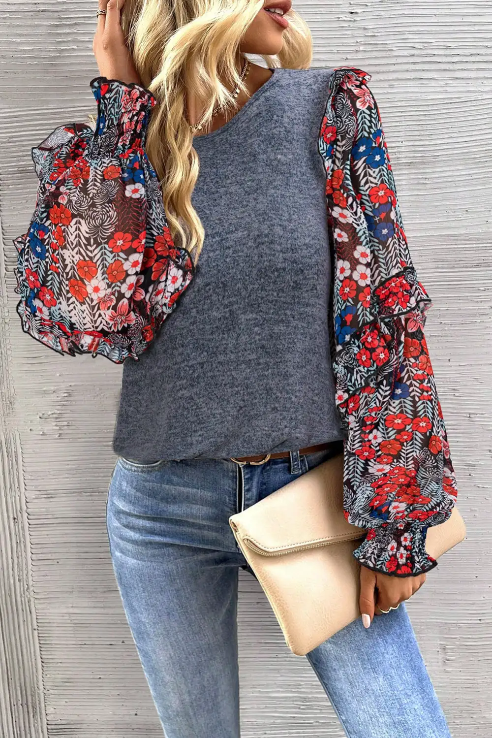 Floral Ruffled Crew Neck Blouse