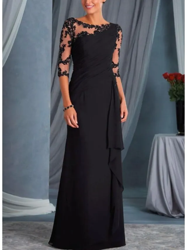 A-Line Mother of the Bride Dress Wedding Guest Plus Size Bateau Neck Floor Length Chiffon Lace Half Sleeve with Draping Appliques 2024