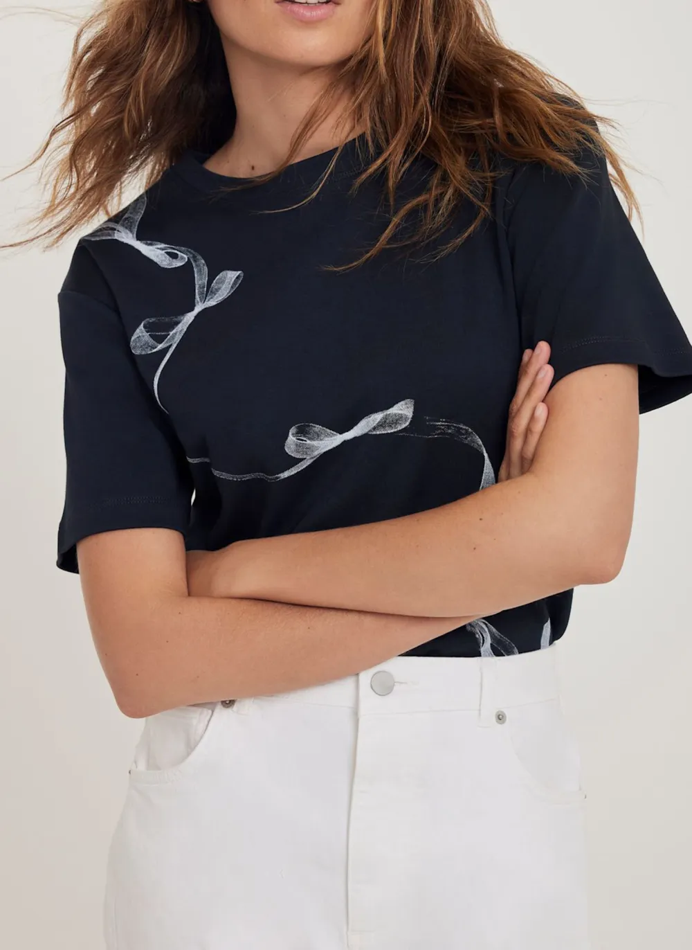 Casual Style Navy Ribbon Print T-Shirt