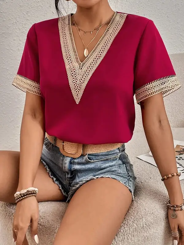 Casual Relaxed Lace Detail Panel Detail V-Neck T-Shirt