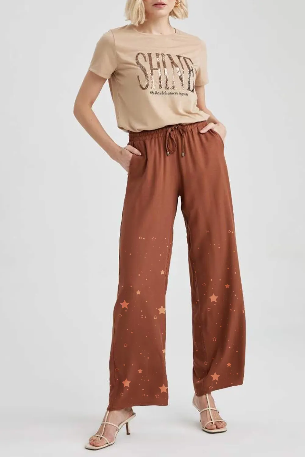 Star Print Elastic Waist Wide Leg Pants