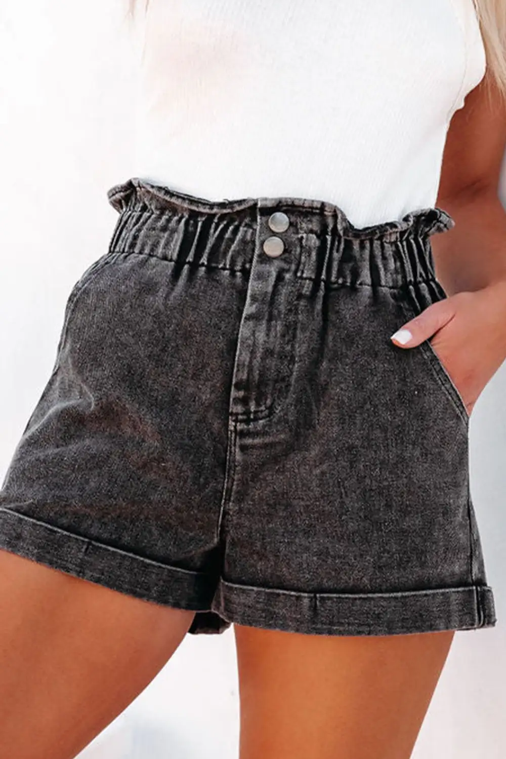 Vintage Washed Frilled High Waist Denim Shorts
