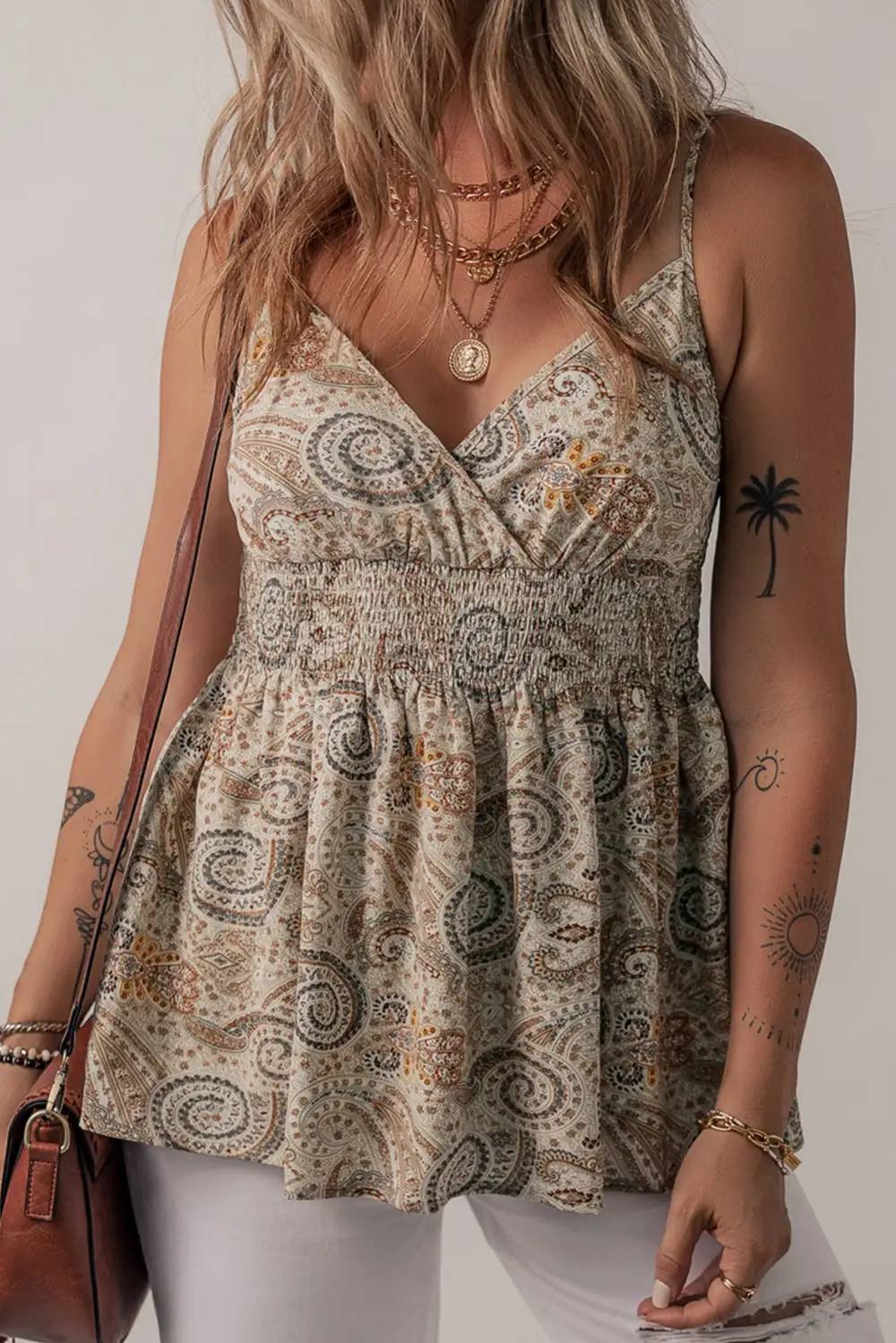 Paisley Printed Spaghetti Strap V Neck Smocked Babydoll Tank Top