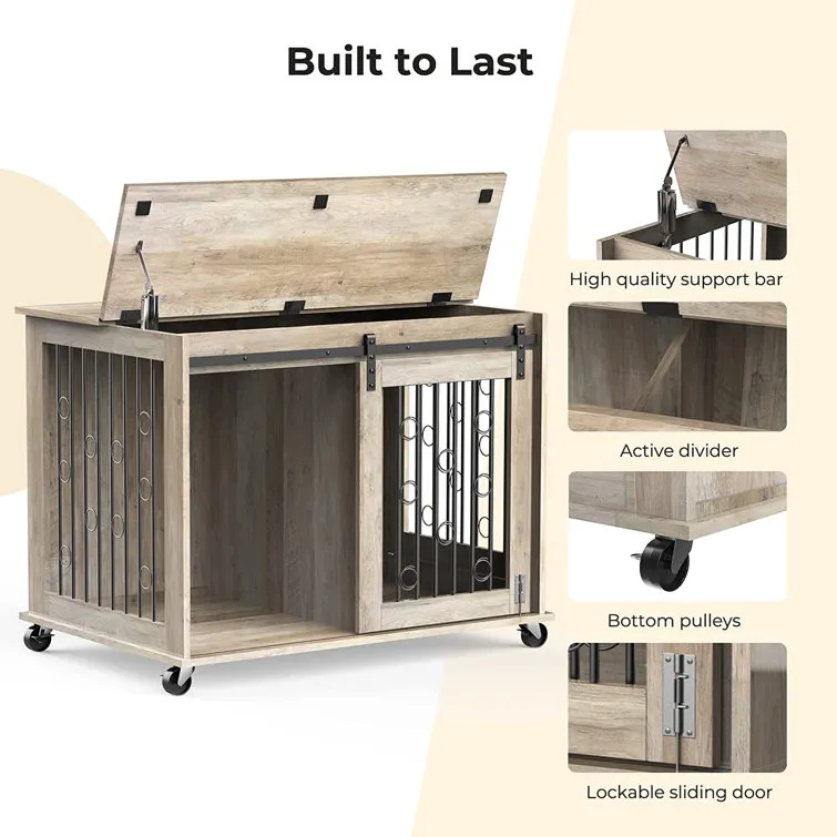 Dog Crate Furniture With Divider For 2 Small To Medium Pets, Wooden Cage End Table, Heavy Duty Indoor Puppy Kennel With Removable Divider And Sliding Door, 39.37'w*25.2'd*28.94'h