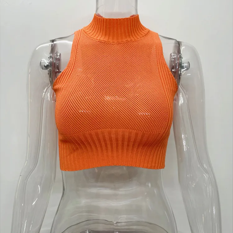 New ins hollow solid color knitted hot girl short navel-exposing vest