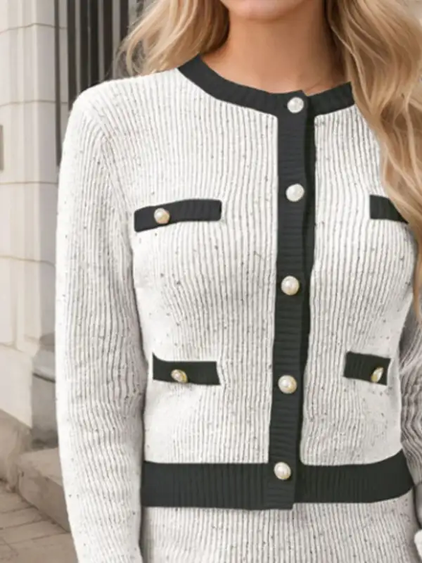 Fine Button Front Knit Detail Coordinated Set