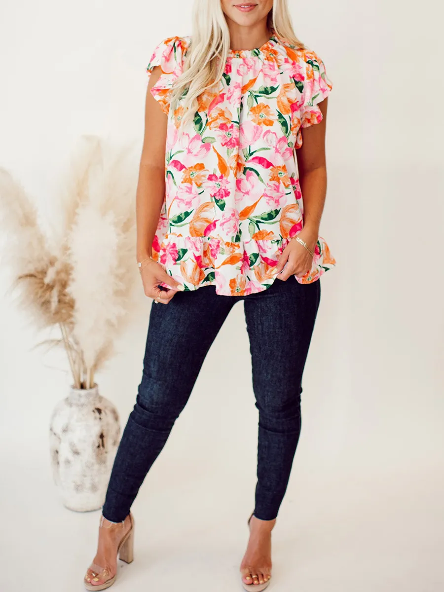 Pink and orange floral pattern pleated top