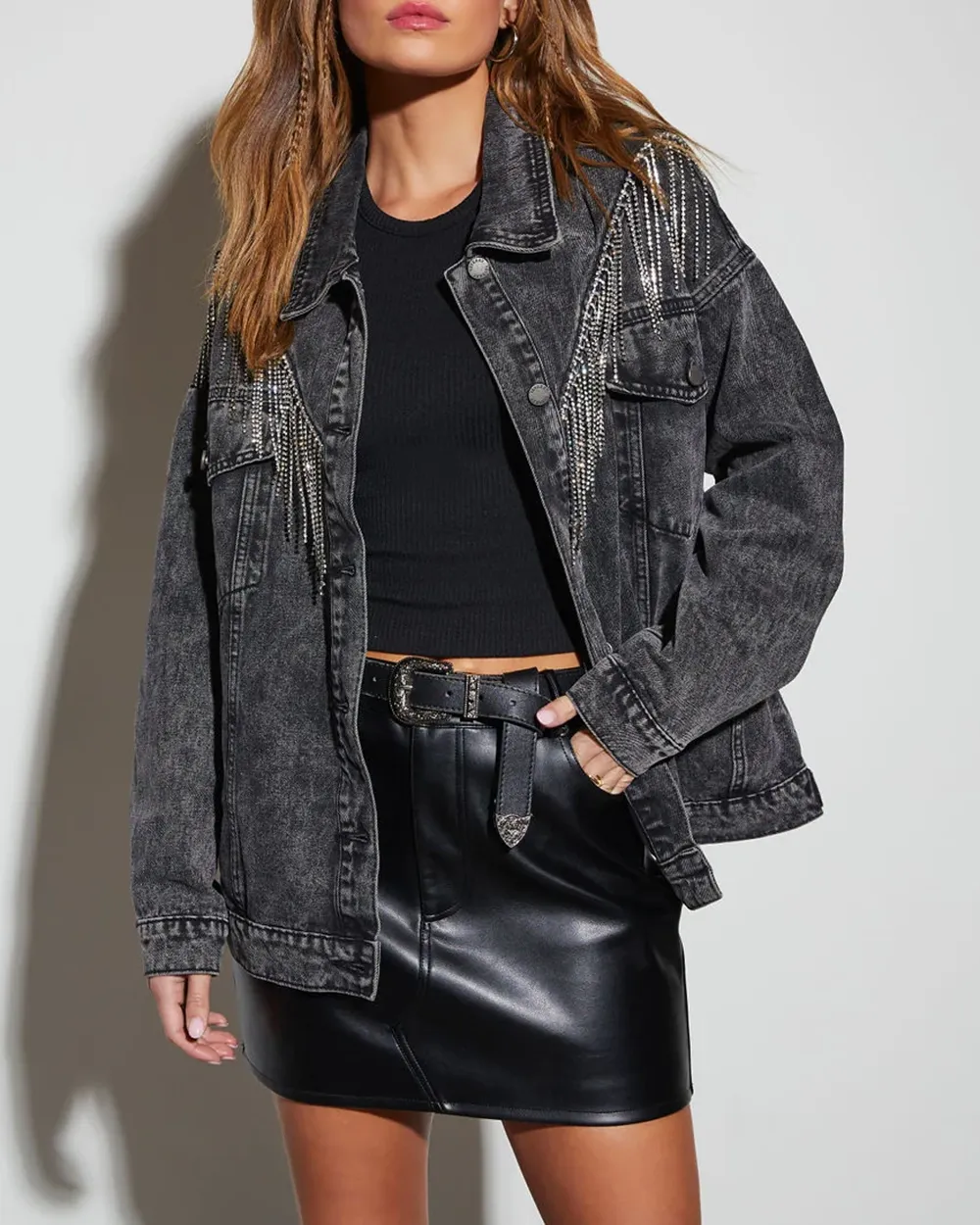 Rhinestone Fringe Denim Jacket