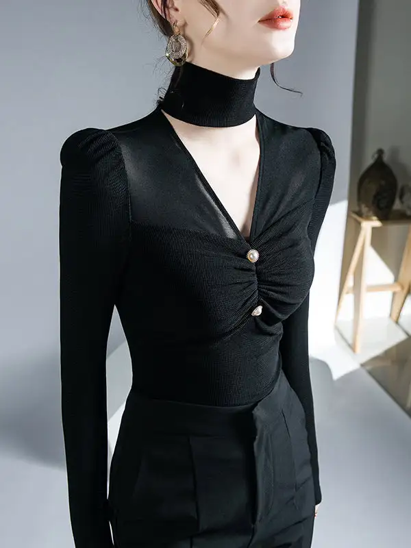 Long Sleeve Slim Fit Mesh Pleat Detail V-Neck T-Shirt