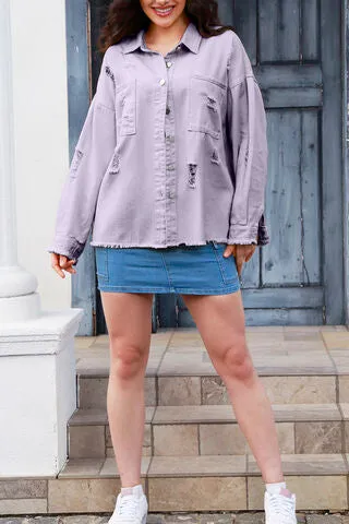 Distressed Button-up Raw-hem Denim Jacket