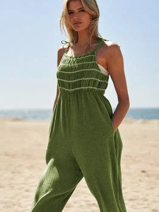 Sunkissed and Smiling Smocked Detail Tie Straps Jumpsuit