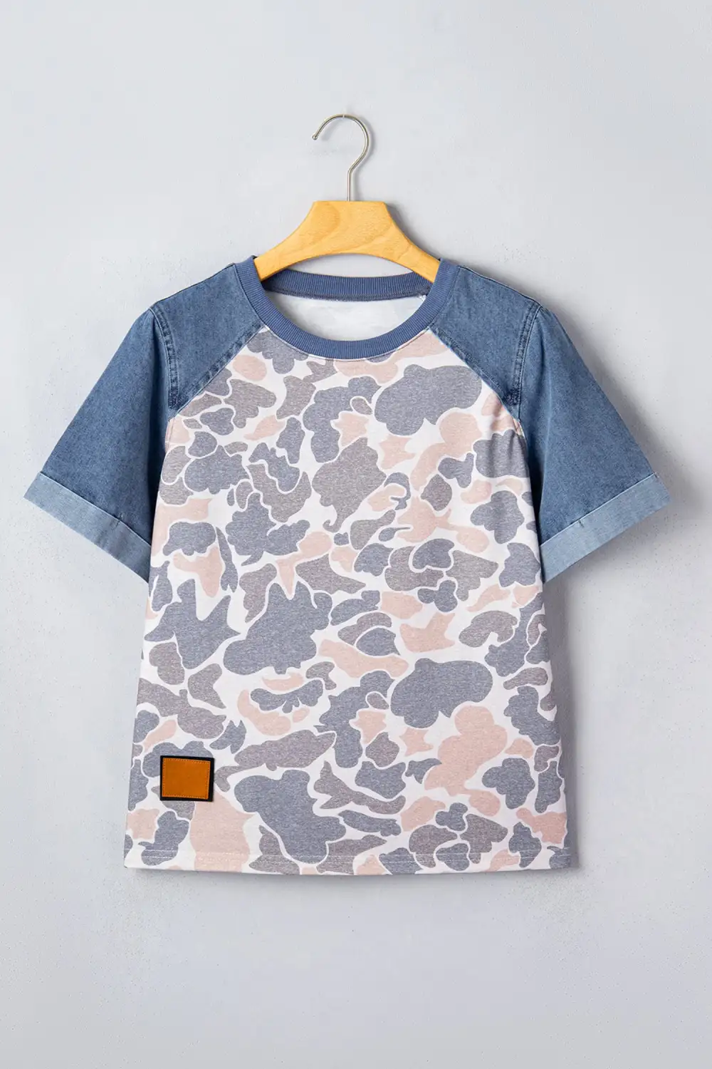 Camouflage Print Denim Contrast Blocked Sleeve Tee