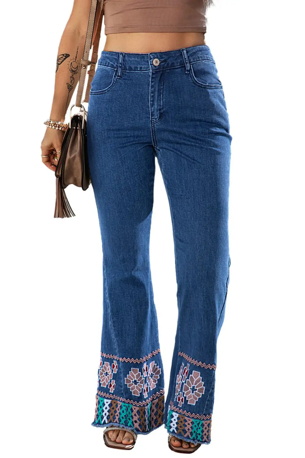 Blue Geometric Embroidered Raw Hem Flared Jeans