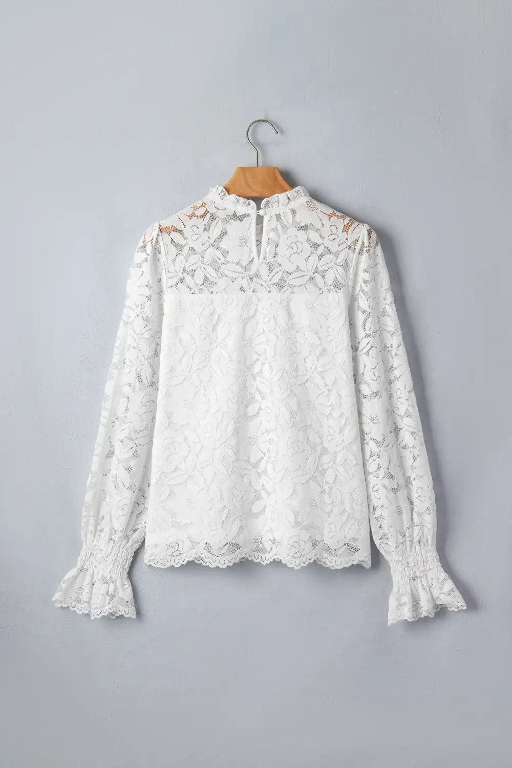 White Ruffled Round Neck Long Flounce Sleeve Sheer Lace Blouse