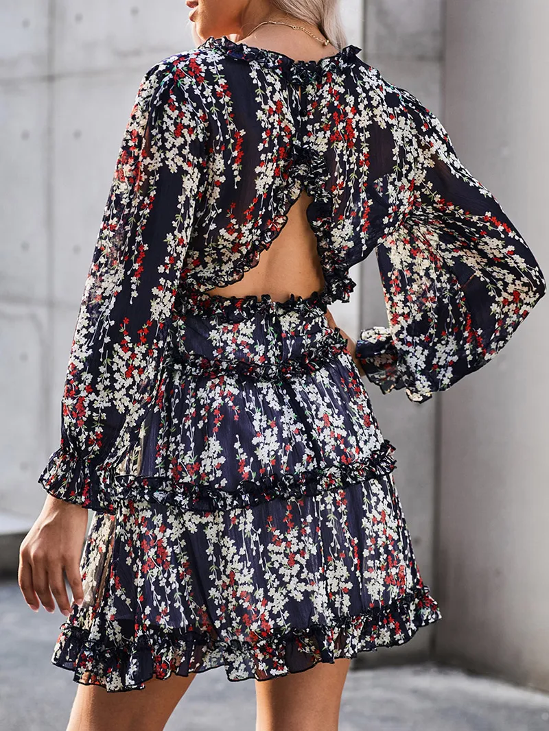 Blue Ruffle Detailing Open Back Floral Dress