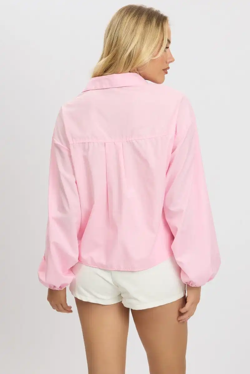 Pink Tie  Up Front Top Long Sleeve