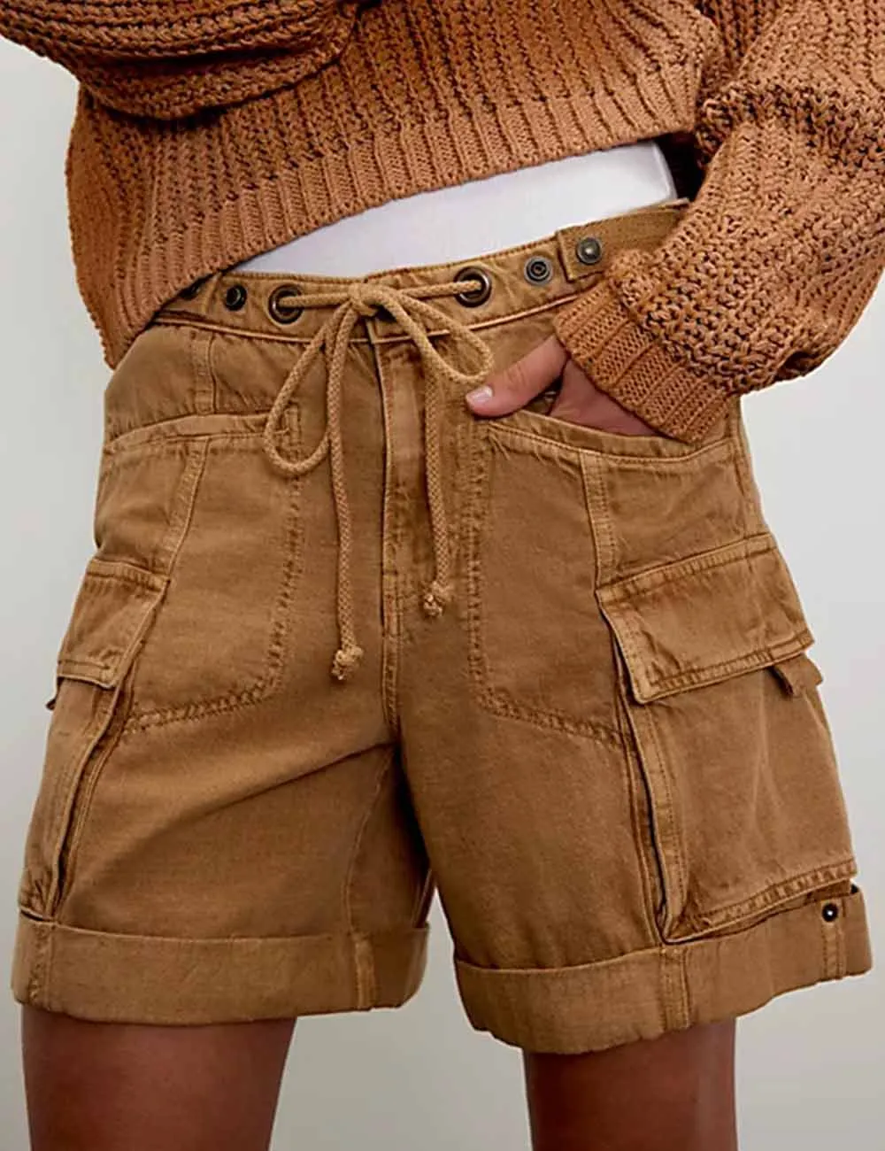 Pocket Drawstring Elastic Waist Rolled Denim Shorts